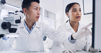 Buy stock photo Lab, scientists and people with computer, planning and team with medical research and investigation. Science, collaboration and data collection on website, pointing and discussion for cure in clinic