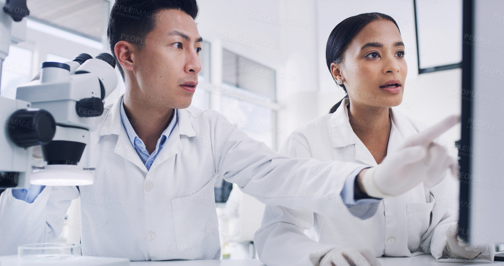 Buy stock photo Lab, scientists and people with computer, planning and team with medical research and investigation. Science, collaboration and data collection on website, pointing and discussion for cure in clinic