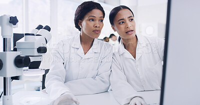Buy stock photo Lab, scientists and women with computer, discussion and team with medical research, online and info. Science, collaboration and people with tech for investigation, review or plan for report in clinic