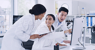 Buy stock photo People, scientist or team with tablet for medical research, study or healthcare discovery in lab. Happy, group or employees with technology or data for scientific knowledge, good news or breakthrough