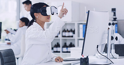 Buy stock photo Virtual reality glasses, science and woman with medical research, biotech experiment and vision. VR eyewear, scientist and person in lab, digital experience and 3d software with click and innovation