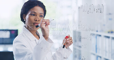 Buy stock photo Chemistry, writing and glass wall with black woman in lab for blood sample, vaccine formula and enzyme reaction. Medical research, experiment and brainstorming equation with scientist in clinic