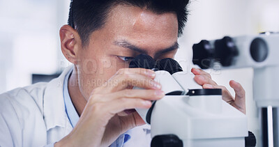 Buy stock photo Man, scientist and forensic research with microscope for medical or discovery in laboratory. Male person, scientific or study with biotechnology or results for science investigation, exam or test