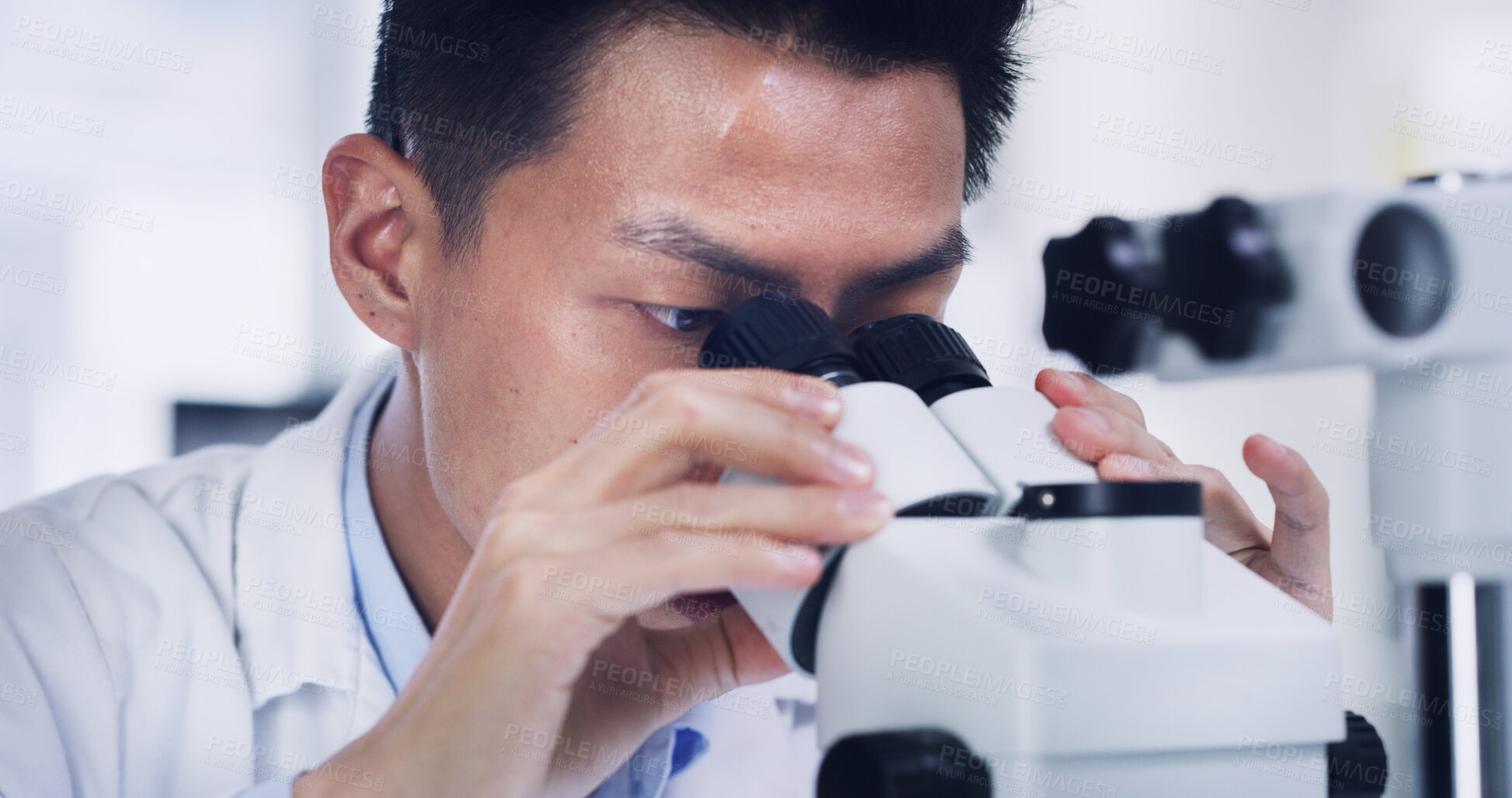 Buy stock photo Man, scientist and forensic research with microscope for medical or discovery in laboratory. Male person, scientific or study with biotechnology or results for science investigation, exam or test