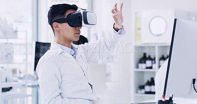 Buy stock photo Virtual reality glasses, click and man with medical research, healthcare metaverse and innovation. VR eyewear, science and person in laboratory, press and 3d software for biotech experiment and test