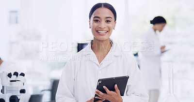 Buy stock photo Portrait, science and tablet with woman in laboratory for medical development or research. App, healthcare and smile of doctor, engineer or scientist at work on clinical trial or pharmaceutical study
