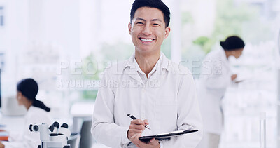 Buy stock photo Clipboard, portrait and science with man in laboratory for medical development or research. Healthcare, smile and writing with doctor, engineer or scientist at work on clinical trial or study