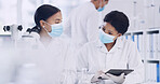 Science, team and women with tablet for chemistry, innovation or medical development. Scientist, collaboration and people with technology for review, research experiment and planning in lab with PPE