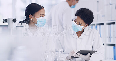 Buy stock photo Science, team and women with tablet for chemistry, innovation or medical development. Scientist, collaboration and people with technology for review, research experiment and planning in lab with PPE