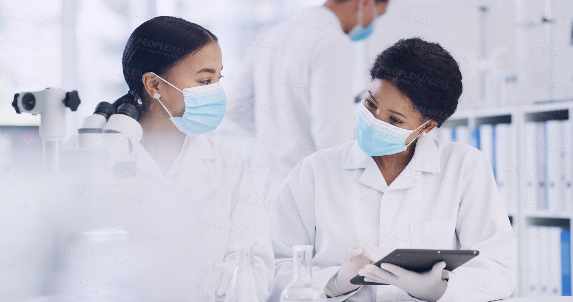 Buy stock photo Science, team and women with tablet for chemistry, innovation or medical development. Scientist, collaboration and people with technology for review, research experiment and planning in lab with PPE