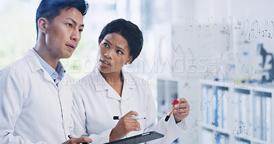 Buy stock photo Team, tablet and glass wall with people in lab for blood sample, chemistry formula and enzyme reaction. Medical research, digital report and brainstorming equation with scientists in clinic study