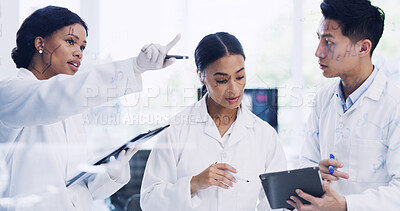 Buy stock photo Lab, scientist and group with glass wall for formula, planning or chemistry checklist. Science team, people and equation on board, idea and pointing at molecule for medical research with tablet