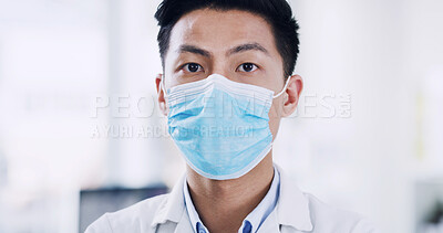 Buy stock photo Face mask, portrait and science with Asian man in laboratory for medicine development or research. Engineering, pharmaceuticals and ppe with doctor or medical scientist at work for healthcare