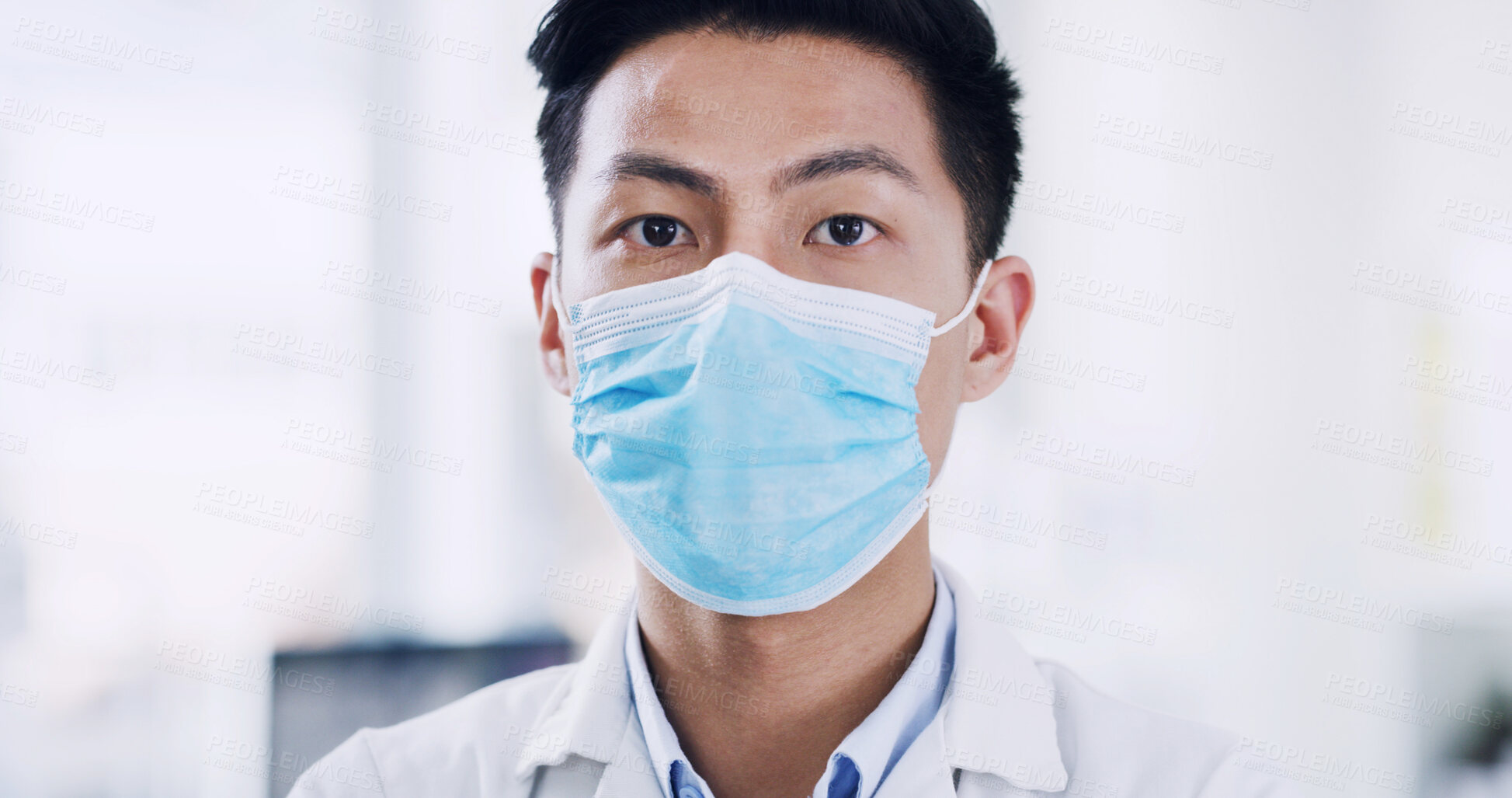 Buy stock photo Face mask, portrait and science with Asian man in laboratory for medicine development or research. Engineering, pharmaceuticals and ppe with doctor or medical scientist at work for healthcare