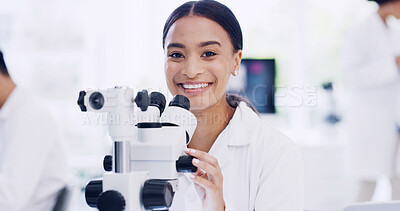 Buy stock photo Portrait, scientist and happy woman with microscope, research and medical development. Smile, science and confident person with microbiology equipment, professional and career pride in laboratory