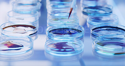 Buy stock photo Petri dish, colorful samples and science with medical research, biology and virus with chemistry. Empty, investigation or test for bacteria cells in lab, cure and experiment with results or vaccine
