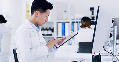 Buy stock photo Computer, scientist and reading with tablet in lab, research biotech innovation and medical development. Medicine report, trial results and man check pharma test, tech and healthcare breakthrough.