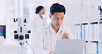 Laptop, man and scientist with vial in laboratory for medical research, project or healthcare innovation. Science, sample and biologist with clinical trial for pharmaceutical development on computer.