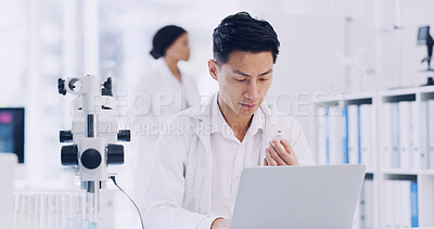 Buy stock photo Laptop, man and scientist with vial in laboratory for medical research, project or healthcare innovation. Science, sample and biologist with clinical trial for pharmaceutical development on computer.