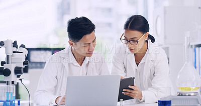 Buy stock photo Conversation, laptop and tablet with scientist people in laboratory for planning or research. App, collaboration and science with medical team at work on computer for clinical trial or investigation