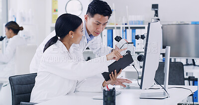 Buy stock photo Computer, scientist and discussion with tablet in lab, research biotech innovation or medical development. Healthcare advancement, trial results and people check pharma test, tech and medicine report