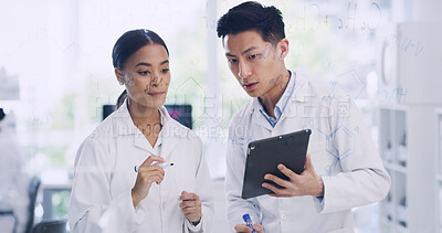 Buy stock photo Research, glass wall and scientist team with chemistry formula, brainstorming or planning. Laboratory, science and people with board for collaboration, medical development and molecule with tablet