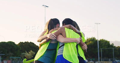 Buy stock photo Huddle, outdoor and women with hockey game, support and motivation with tournament. People, players and group circle with sports, competition and students with fitness, contest and match with hope