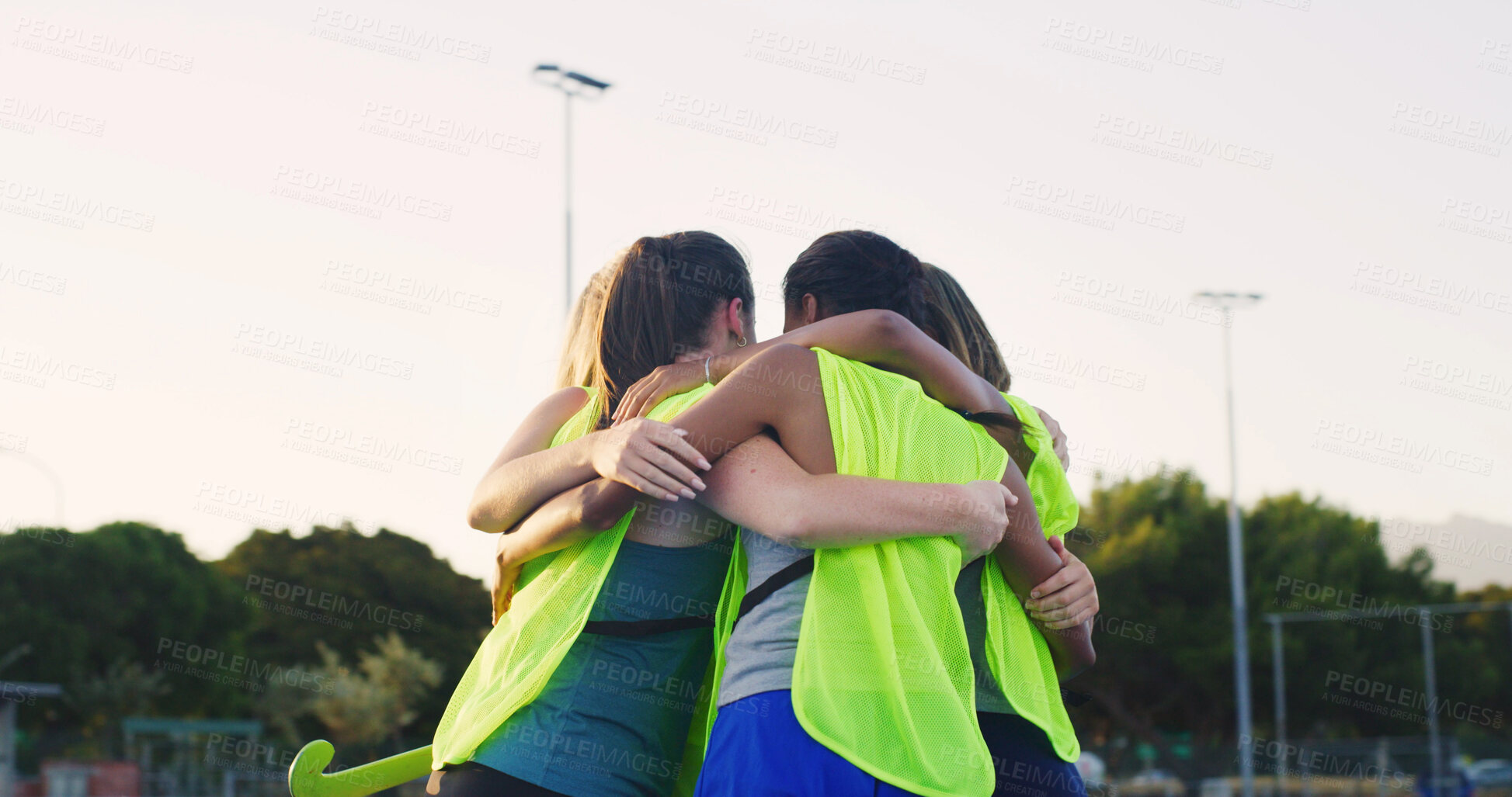 Buy stock photo Huddle, outdoor and women with hockey game, support and motivation with tournament. People, players and group circle with sports, competition and students with fitness, contest and match with hope