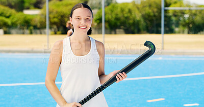 Buy stock photo Portrait, hockey and happy girl on field for sports, fitness and competition outdoor for health. Woman, athlete and player with stick for training, smile and confidence for exercise in Canada