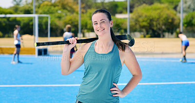 Buy stock photo Portrait, hockey stick and woman with smile, training and fitness with competition. Happy person, player and healthy athlete with exercise, practice and confidence with equipment, workout and outdoor