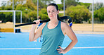 Portrait, hockey stick and woman with training, outdoor and fitness with competition. Person, player and healthy athlete with exercise, practice and confidence with equipment, workout and balance