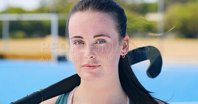 Buy stock photo Portrait, hockey and girl on field for sports, fitness and competition outdoor with determination. Woman, athlete and player with stick for training, challenge and confidence for exercise in Canada