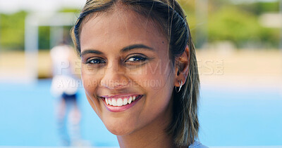 Buy stock photo Happy woman, portrait and sport with pride for outdoor fitness, training or practice on court. Face, female person or athletic player with smile, health or wellness for match, game or competition