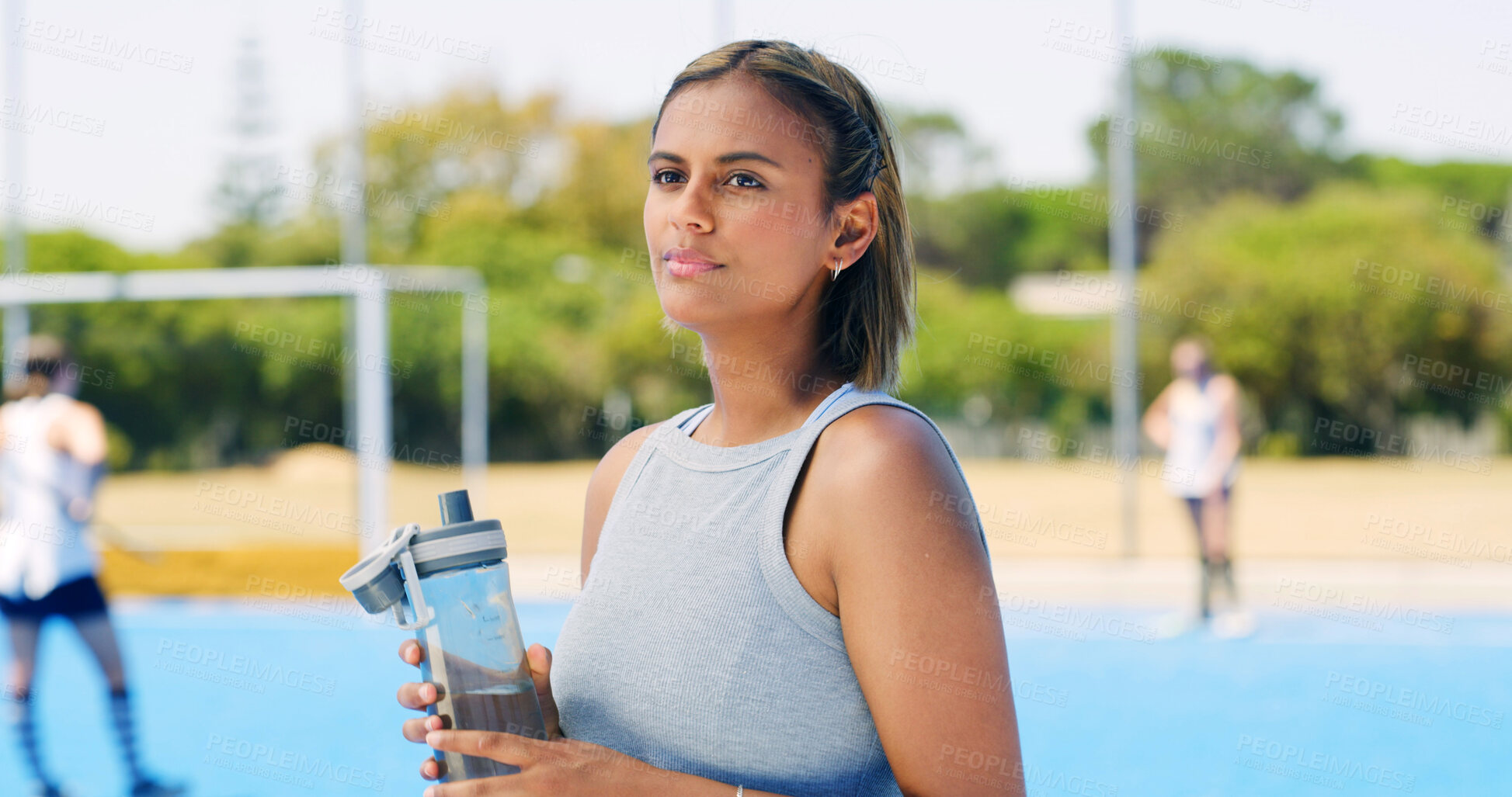 Buy stock photo Thinking, outdoor and woman with water bottle, sports and fitness with training. Person, player and athlete with liquid, wonder and pitch with wellness, practice and break with hydration and aqua