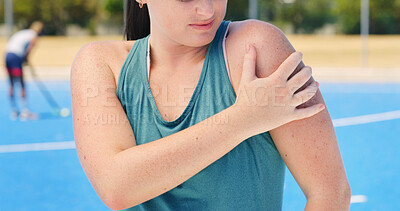 Buy stock photo Woman, hands and shoulder pain with injury for sport accident, muscle tension or joint inflammation. Female person, sore arm or ache with discomfort for bruise, physical strain or pressure on court