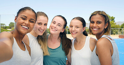 Buy stock photo Fitness, selfie and teamwork with women on hockey court together for game, match or solidarity. Exercise, portrait photograph or training with group of friends outdoor at venue for memory picture POV