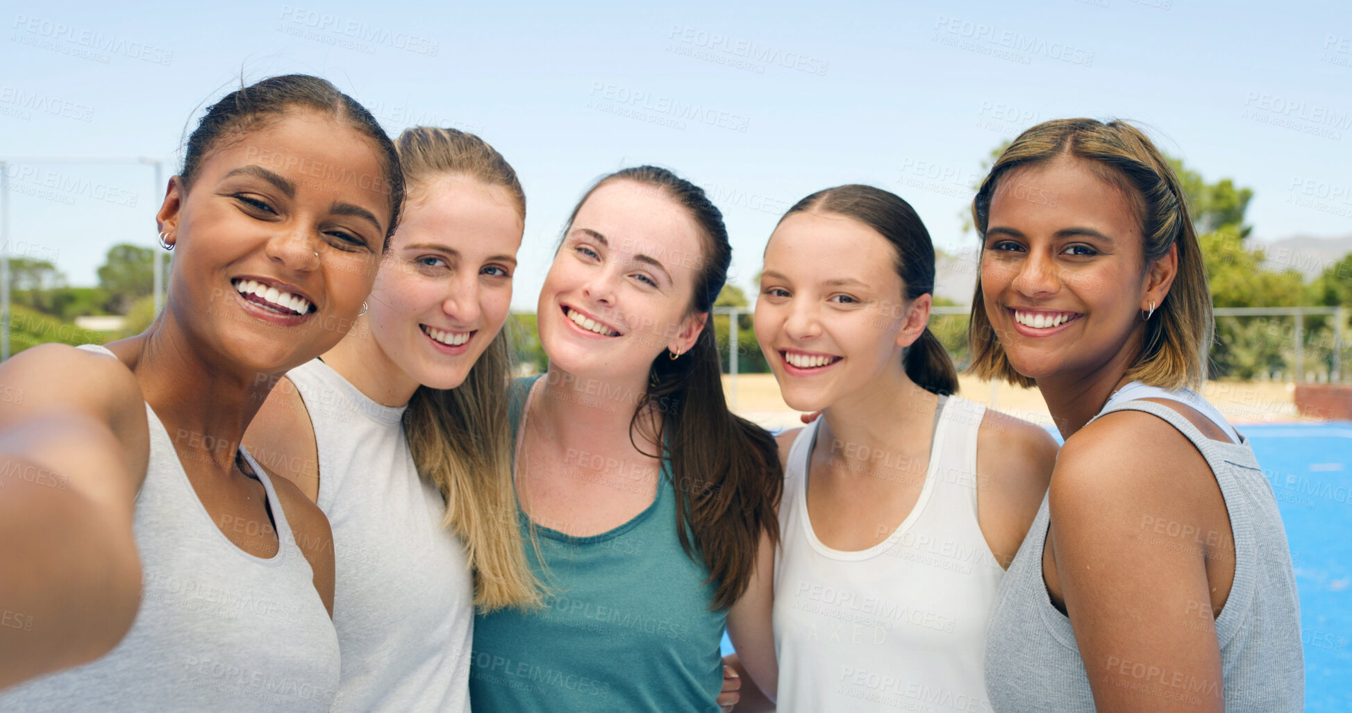 Buy stock photo Fitness, selfie and teamwork with women on hockey court together for game, match or solidarity. Exercise, portrait photograph or training with group of friends outdoor at venue for memory picture POV