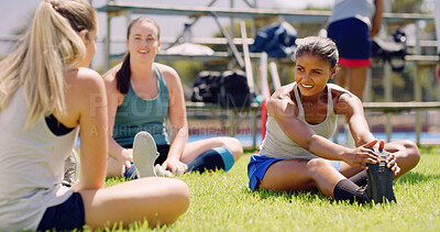 Buy stock photo Stretching, group and women on sports field, practice and preparing for workout routine and outdoor. Training, team and people with determination for competition, wellness and warm up for exercise