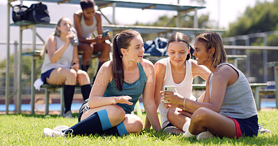 Buy stock photo Fitness, outdoor and women with smartphone, relax and discussion with game results. Online chatting, people and friends on grass field, cellphone and communication with training, connection and break