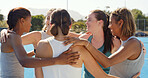 Team, motivation or women on court with huddle, support or group preparation for training match. Sport, friends or athlete outdoor with circle embrace, collaboration or solidarity for competition.