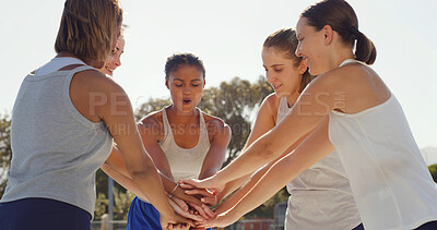 Buy stock photo Team, motivation or women outdoor with hands together, support or group preparation for training match. Sport, friends or athlete in park with stack, collaboration or solidarity for competition.
