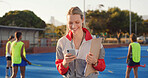 Coach, hockey turf or happy woman with phone for match organization, event info or opponent approval. Planning, mobile or sport trainer with clipboard on field, game arrangement and local league team