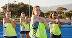 Stretching, group and women on sports field, fitness and preparing for workout routine and practice. Outdoor, team and people with determination for competition, wellness and warm up for exercise