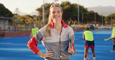 Buy stock photo Portrait, woman and trainer with smile, sports game and practice with clipboard, pride and fitness. Instructor, person and professional with happiness, training and coaching with competition