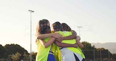 Buy stock photo Huddle, support and women with sports game, hug and motivation with tournament. People, players or group circle with solidarity, unity or students with fitness, contest and embrace with teamwork