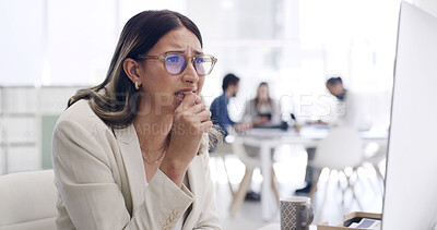 Buy stock photo Confused, woman and stress in office with computer, network error and financial report issue. Frustrated, business person and tech in workplace with risk review, connection fail and internet problem.