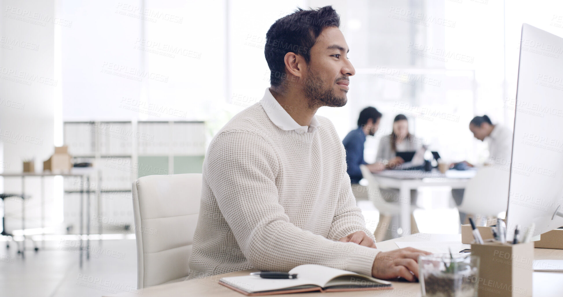 Buy stock photo Computer, reading and business man online for article review, newsletter or editing project. Technology, proofreading or happy copywriter in workplace for story feedback, email or coworking in office