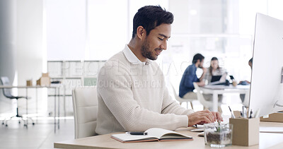 Buy stock photo Computer, typing and business man in office for article review, newsletter report or editing project. Technology, research and happy copywriter in workplace for story feedback, email or coworking