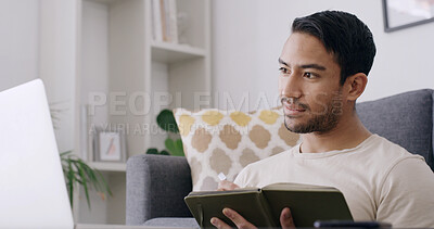 Buy stock photo Man, notebook and laptop with thinking in home, research and review project for online course in lounge. Person, computer and student in virtual class for elearning, assessment or video at apartment