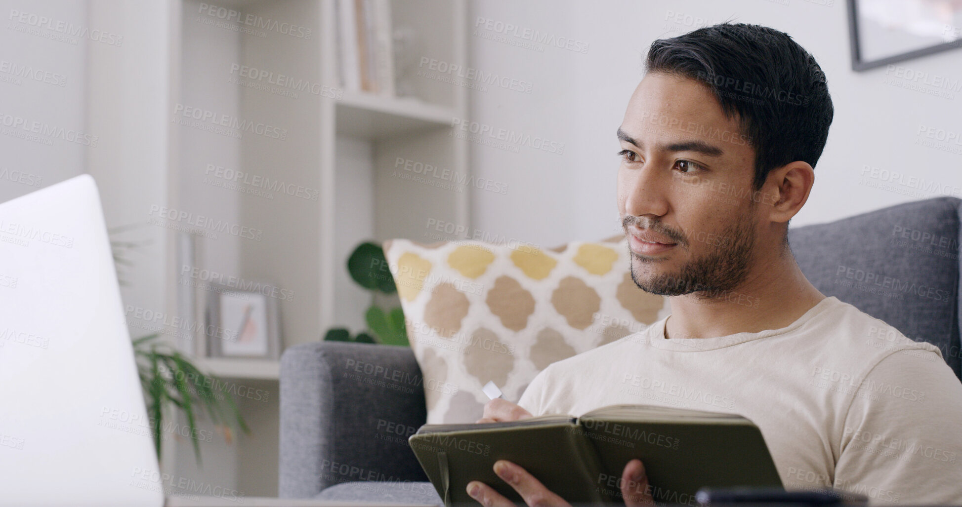 Buy stock photo Man, notebook and laptop with thinking in home, research and review project for online course in lounge. Person, computer and student in virtual class for elearning, assessment or video at apartment